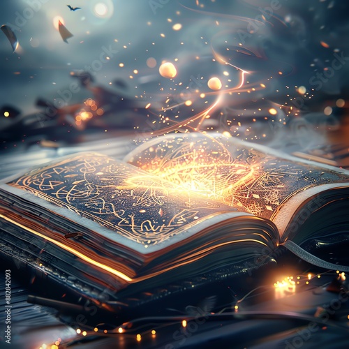 Close-up of an open spellbook with glowing runes, Halloween, magical and mysterious social media background