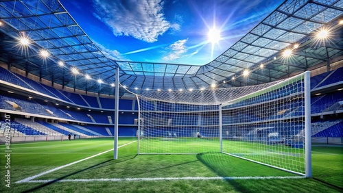 Empty stadium seats and soccer field with goal net in focus, celebrating atmosphere depicted by blue uniforms and sports equipment scattered around. photo