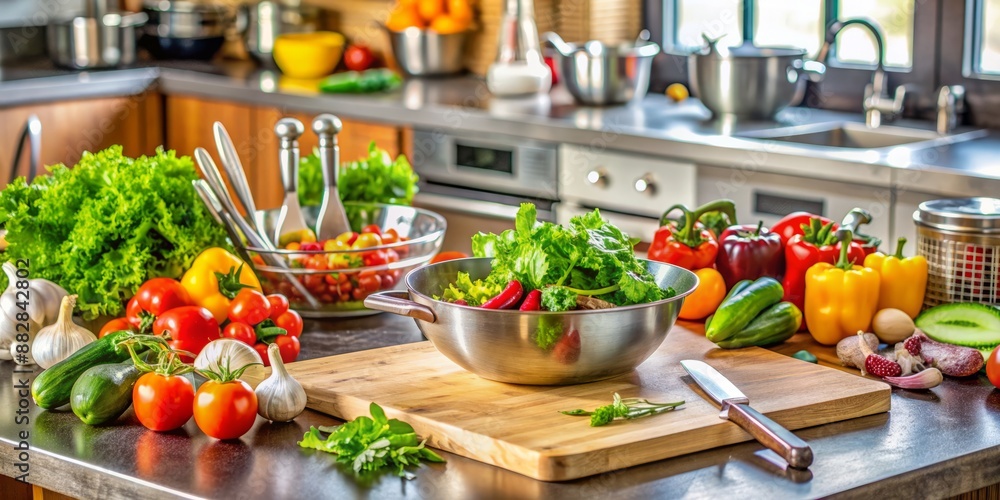 Fresh vegetables are arranged on a modern kitchen counter, surrounded by utensils and cutting boards, as a half-prepared salad takes shape in a sleek stainless steel bowl. Fresh vegetables are arranged on a modern kitchen counter, surrounded by utensils and cutting boards, as a half-prepared salad takes shape in a sleek stainless steel bowl.
