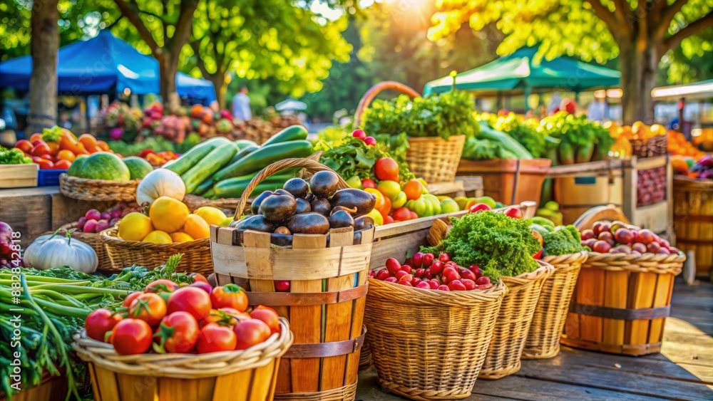 Vibrant early morning farmers market scene bursting with colorful fresh produce, woven baskets, and rustic crates, evoking a sense of local commerce and community spirit. Vibrant early morning farmers market scene bursting with colorful fresh produce, woven baskets, and rustic crates, evoking a sense of local commerce and community spirit.