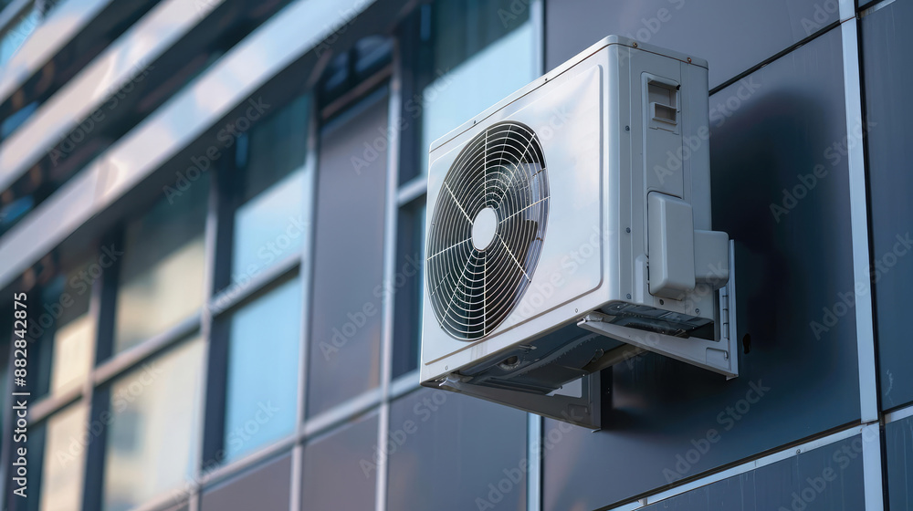 Modern air conditioner unit mounted on an exterior wall of a building. Modern air conditioner unit mounted on an exterior wall of a building.