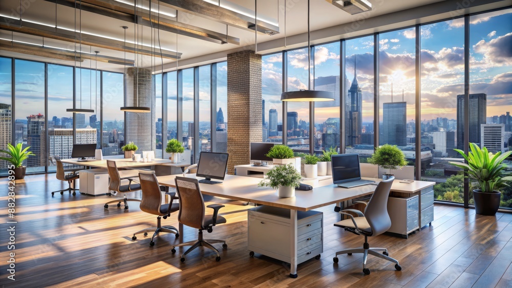 Modern corporate office open space with sleek desks, chairs, and floor-to-ceiling windows reflecting cityscape, conveying business, innovation, and entrepreneurial spirit. Modern corporate office open space with sleek desks, chairs, and floor-to-ceiling windows reflecting cityscape, conveying business, innovation, and entrepreneurial spirit.