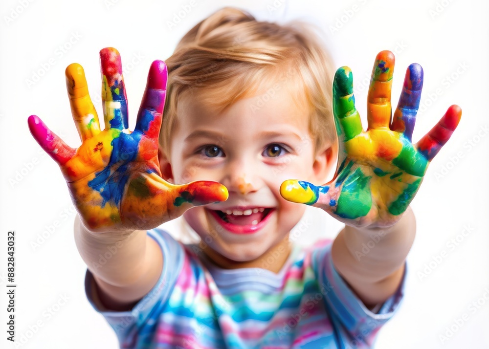 Vibrant watercolor paint splatters on tiny hands, capturing childhood creativity, innocence, and joy, against a clean white background, perfect for Children's Day celebrations. Vibrant watercolor paint splatters on tiny hands, capturing childhood creativity, innocence, and joy, against a clean white background, perfect for Children's Day celebrations.