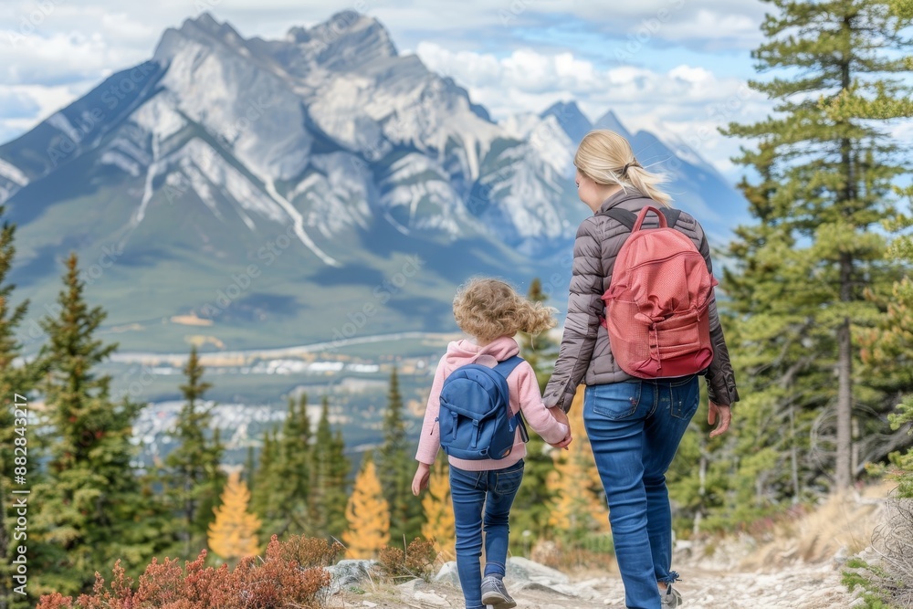 Mother and daughter strolling hand in hand on scenic trail with majestic mountains in background Mother and daughter strolling hand in hand on scenic trail with majestic mountains in background