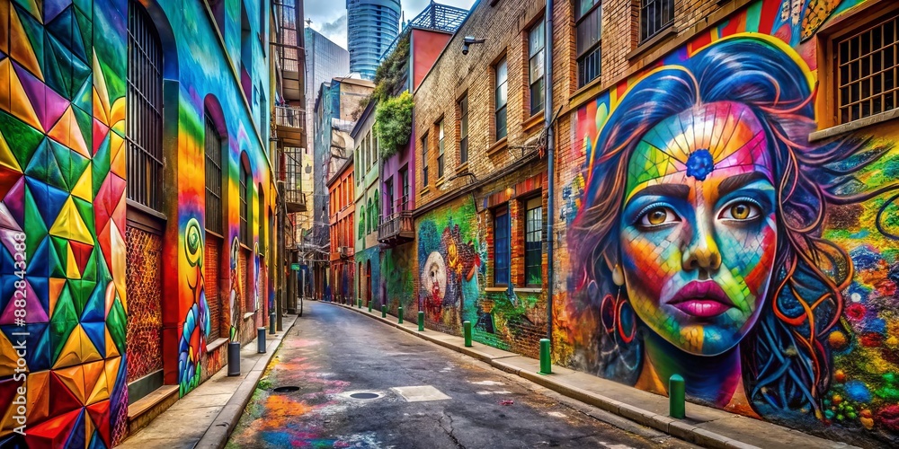Naklejka premium Vibrant street art and graffiti transform a gritty, urban alleyway into a kaleidoscope of colors, reflecting the dynamic, rebellious spirit of the city's unbridled creativity.
