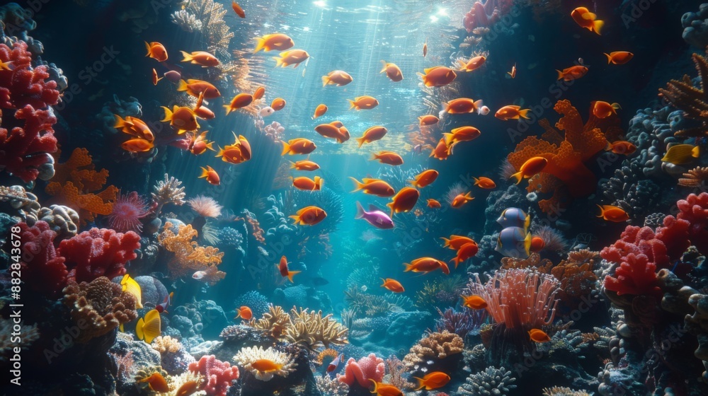 A vibrant underwater scene showing a school of orange fish swimming amidst colorful coral reefs illuminated by sun rays. A vibrant underwater scene showing a school of orange fish swimming amidst colorful coral reefs illuminated by sun rays.