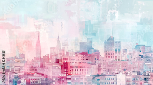 New york city skyline with pink and blue watercolor overlaying buildings © edojob