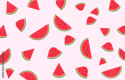 Watermelon pattern for summer background. Watermelon half and sliced. Vector illustration