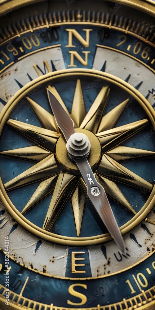 Obraz premium Close-up of an antique brass compass, showing intricate details of the compass rose and directional markings.