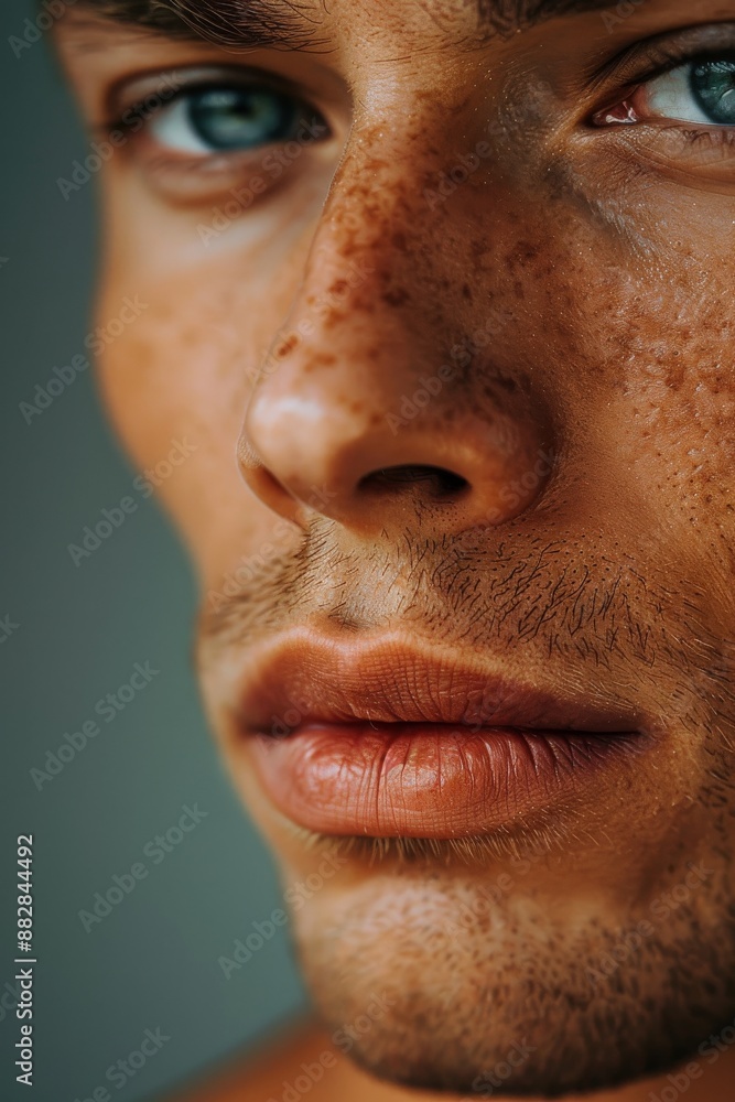 Fototapeta premium close up of man's face with clean shaven chin, no hair on his jawline, closeup shot, skin care commercial, 