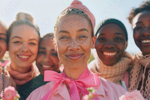 Diverse Group of Women Smiling Together Wearing Pink Ribbons