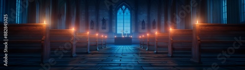 An eerie, decrepit church filled with specters in a solemn gathering, candlelight casting shadows on the walls, realistic, high resolution, ominous ambiance photo