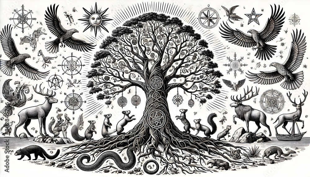 Fototapeta premium Intricate Black and White Illustration of a Tree of Life Surrounded by Animals and Mythical Symbols