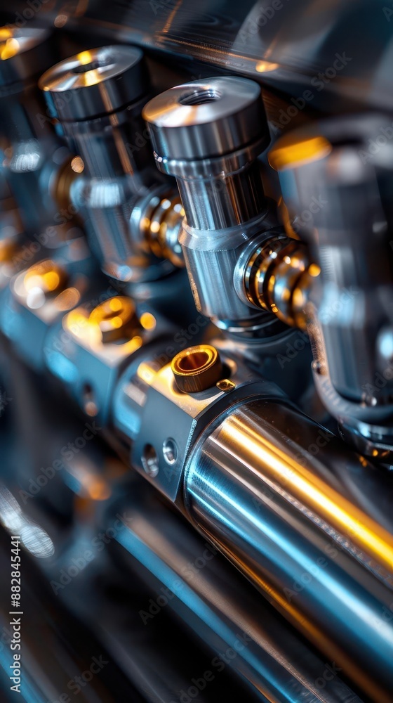 Fototapeta premium Close-up of shiny metal engine components, highlighting intricate details.