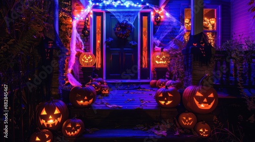 Enchanting Halloween Party Entrance with Jack-o'-Lanterns, Cobwebs, and Eerie Atmosphere Welcoming Guests into Spooky Celebration