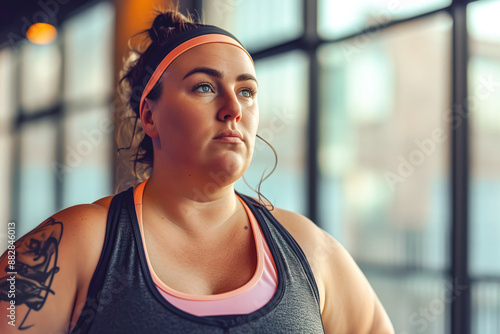 A young fat woman is exercising in the gym