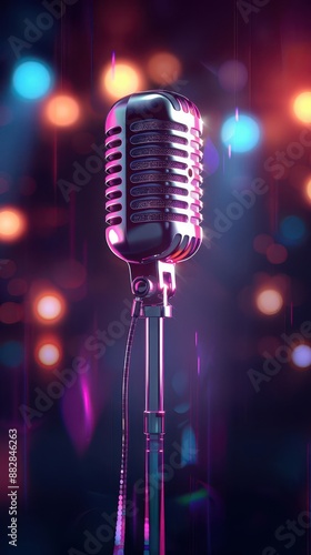 flat style illustration of retro microphone on a stage in a spotlight, depth,