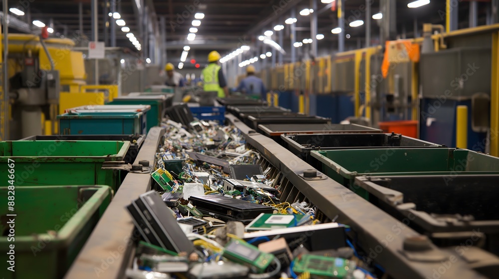 A detailed view inside a tech recycling facility where e-waste is being sorted. The scene shows workers actively separating recyclables from hazardous materials. Various electronic components are A detailed view inside a tech recycling facility where e-waste is being sorted. The scene shows workers actively separating recyclables from hazardous materials. Various electronic components are