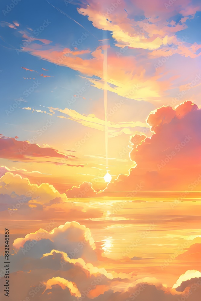 Fototapeta premium 夕日の風景と美しくオレンジ色に色づく雲