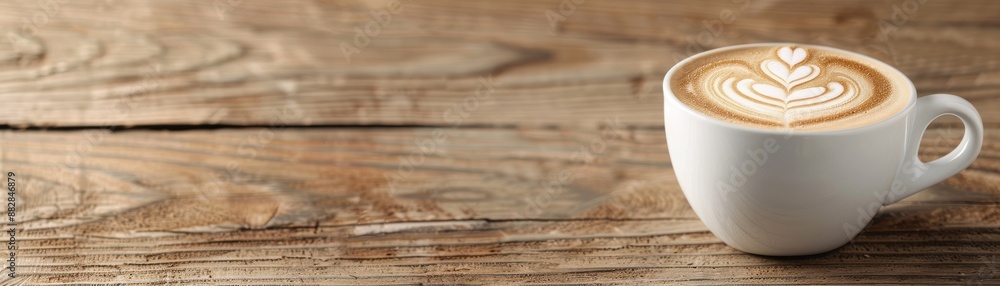 A freshly brewed cappuccino with beautiful latte art in a white mug on a rustic wooden table, perfect for coffee lovers and cafe ambiance. A freshly brewed cappuccino with beautiful latte art in a white mug on a rustic wooden table, perfect for coffee lovers and cafe ambiance.