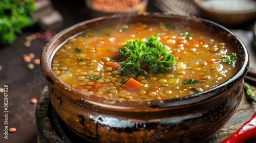 Freshly made lentil soup in a rustic pot, hearty and comforting, plant based protein, home cooked meal