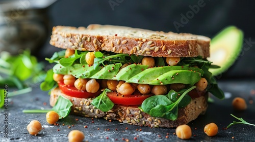 High protein vegan sandwich with avocado and chickpeas, High protein vegan sandwich, Healthy lunch photo