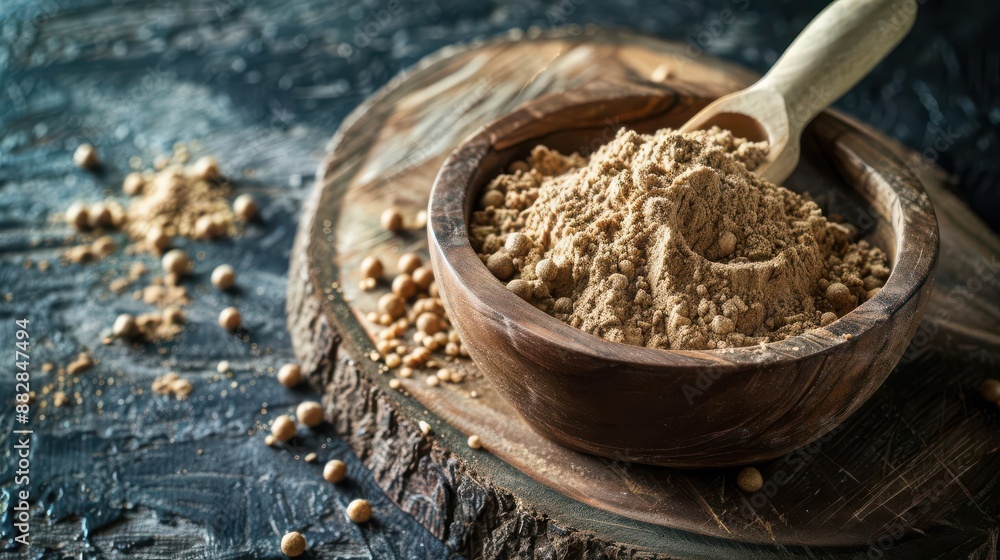 Plant based protein powder in a wooden bowl with a rustic background, highlighting natural ingredients, Plant based protein, Health and wellness Plant based protein powder in a wooden bowl with a rustic background, highlighting natural ingredients, Plant based protein, Health and wellness