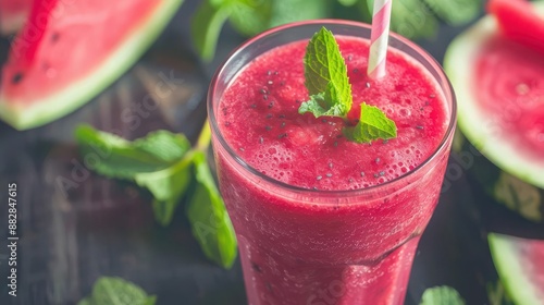 Refreshing watermelon smoothie with mint and plant based protein, hydrating, summer drink