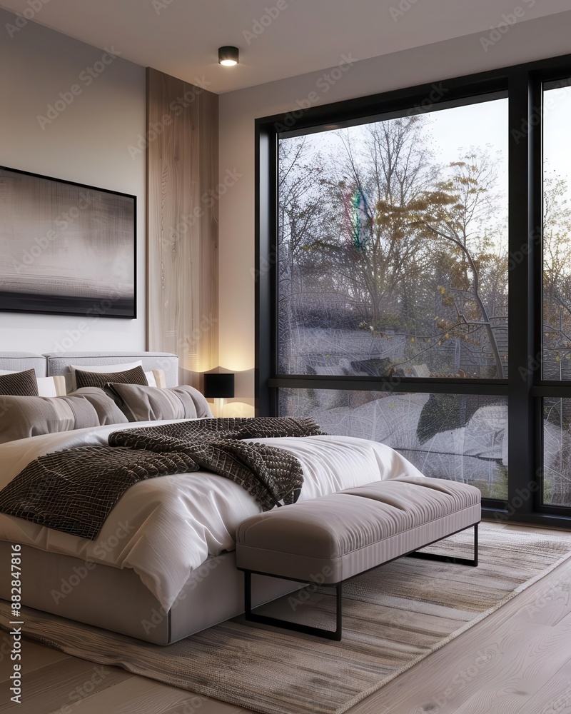 Modern bedroom interior with large window, bed, bench, and artwork Modern bedroom interior with large window, bed, bench, and artwork