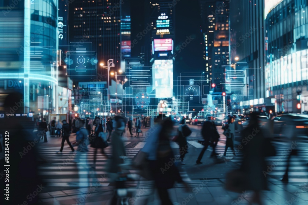 Pedestrians cross a busy city street, their forms blurred as they move through a neon-lit landscape adorned with digital overlays. Pedestrians cross a busy city street, their forms blurred as they move through a neon-lit landscape adorned with digital overlays.