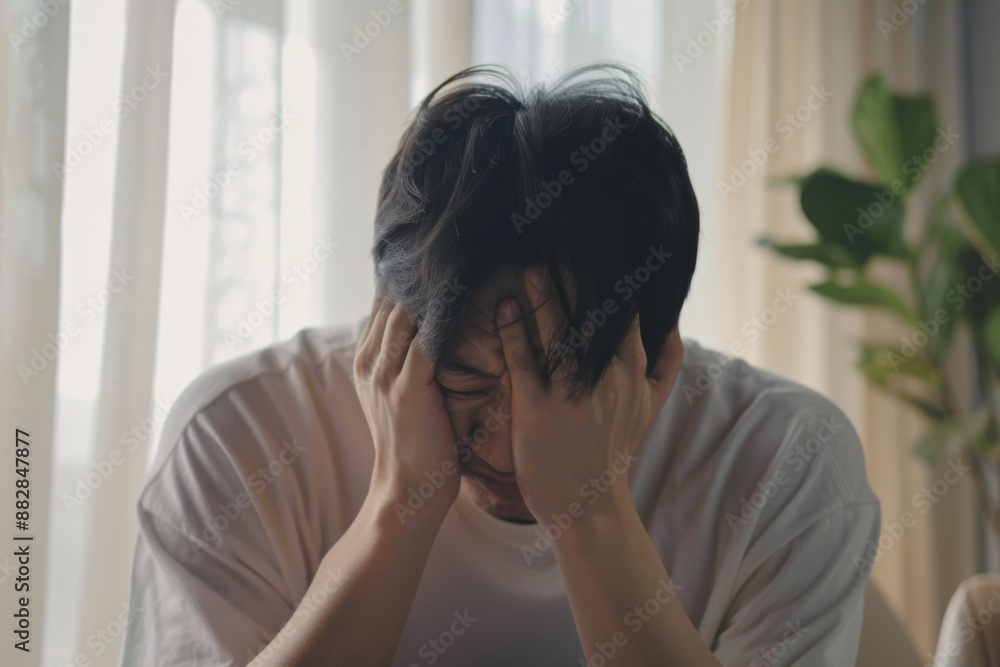 A man sits by a window, his head bowed in his hands, a look of deep worry or sadness etched on his face. The light from the window casts a soft glow on his features. A man sits by a window, his head bowed in his hands, a look of deep worry or sadness etched on his face. The light from the window casts a soft glow on his features.