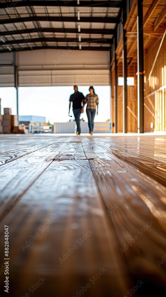 Couple walking through a large, unfinished warehouse. Couple walking through a large, unfinished warehouse.