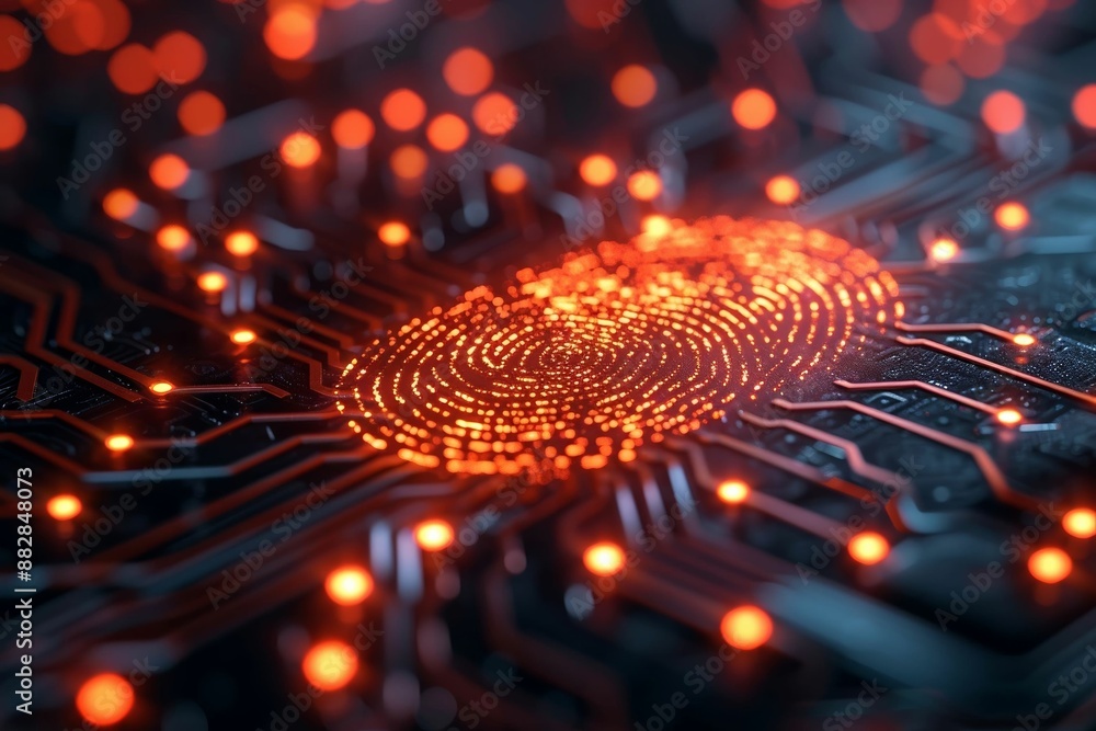 Abstract tech, red digital fingerprint on a dark background.
Abstract tech, red digital fingerprint on a dark background.