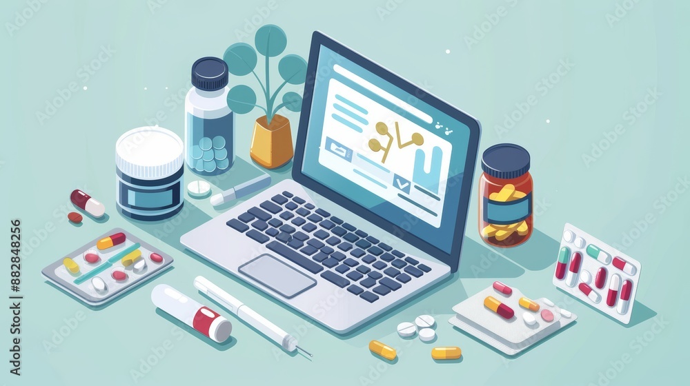 An isometric illustration of a laptop with various medications and a plant on a desk An isometric illustration of a laptop with various medications and a plant on a desk