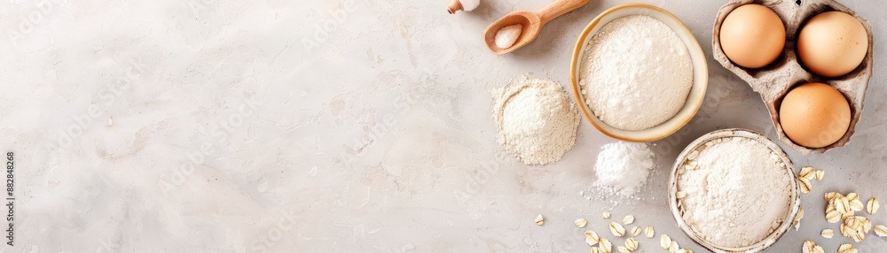 Baking ingredients on a light kitchen table including flour, eggs, and utensils. Perfect for cooking and recipe related concepts. Baking ingredients on a light kitchen table including flour, eggs, and utensils. Perfect for cooking and recipe related concepts.