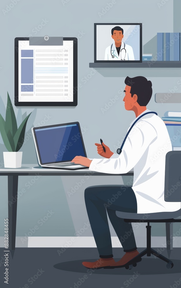 A doctor in a white coat sits at a desk, using a laptop to consult with a patient via video call. A doctor in a white coat sits at a desk, using a laptop to consult with a patient via video call.