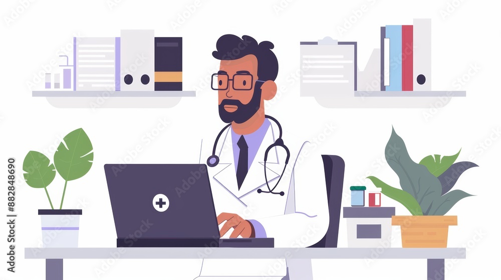 Fototapeta premium A male doctor in a white coat is sitting at his desk working on a laptop computer.