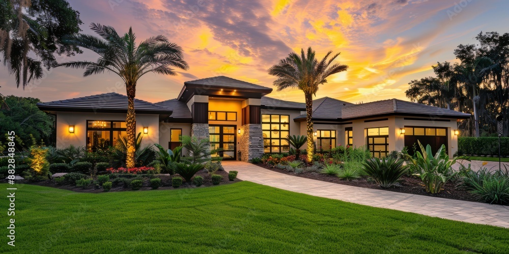 Fototapeta premium Beautiful Modern real estate House with Lush green Garden, Modern house