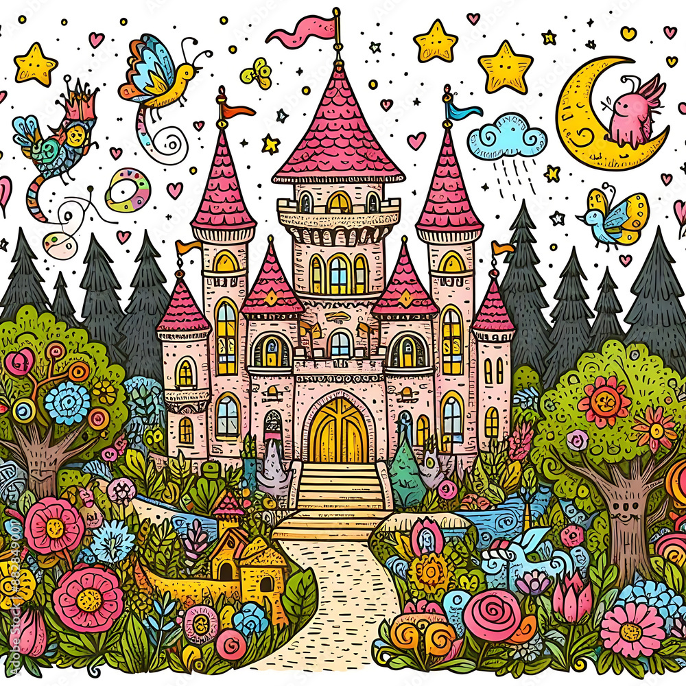 Naklejka premium Doodle art cartoon of a fairy tale castle in a magical kingdom