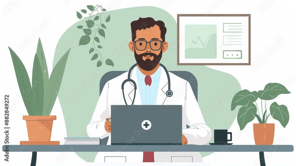 Smiling doctor with stethoscope and glasses sitting at desk using laptop in office. Smiling doctor with stethoscope and glasses sitting at desk using laptop in office.