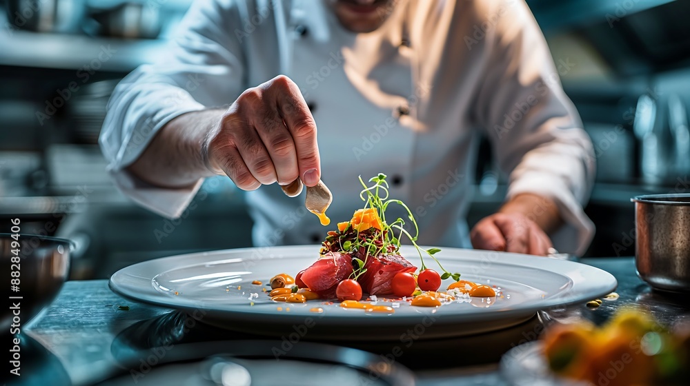 Chefs in the hotel kitchen prepare food and decorate dishes. Chefs in the hotel kitchen prepare food and decorate dishes.