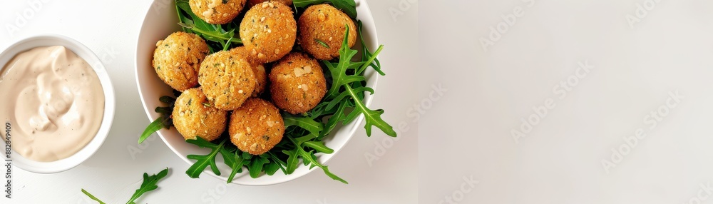 Bowl of crispy falafel balls with fresh greens and dipping sauce served in a bowl, perfect for healthy snack or appetizer. Bowl of crispy falafel balls with fresh greens and dipping sauce served in a bowl, perfect for healthy snack or appetizer.