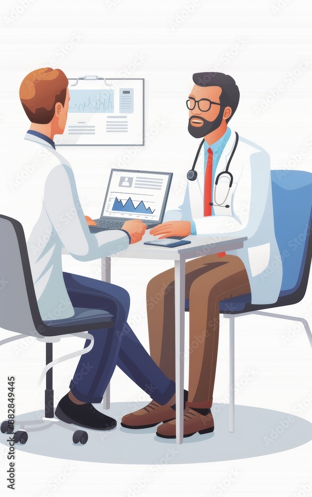 Two doctors in white coats sitting at a table, discussing medical data on a laptop. Two doctors in white coats sitting at a table, discussing medical data on a laptop.