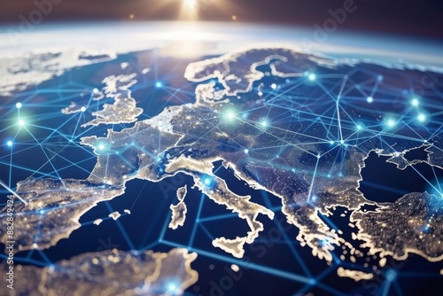 A detailed map of Europe at night, showcasing interconnectedness through bright blue lines and glowing city lights, with a focus on southern Europe.