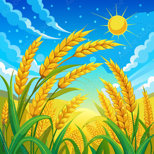 Golden rice grains glistening under blue sky in perfect harmony with agriculture and nature, agriculture, golden rice, grains