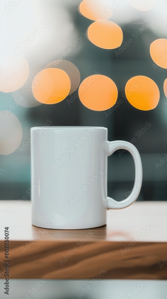 White mug on wooden table with bokeh lights in background. White mug on wooden table with bokeh lights in background.