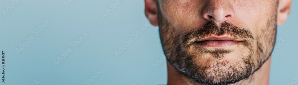 Obraz premium Close-up of a man's lower face with a well-groomed beard showing a confident expression and light blue background.
