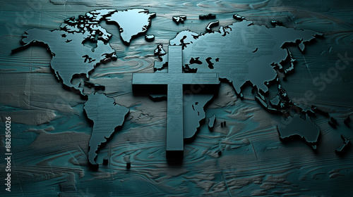 The cross of Jesus Christ placed on the world map: the concept of mission and global reach. This symbol reminds us of the need to spread Christian values ​​on every continent.