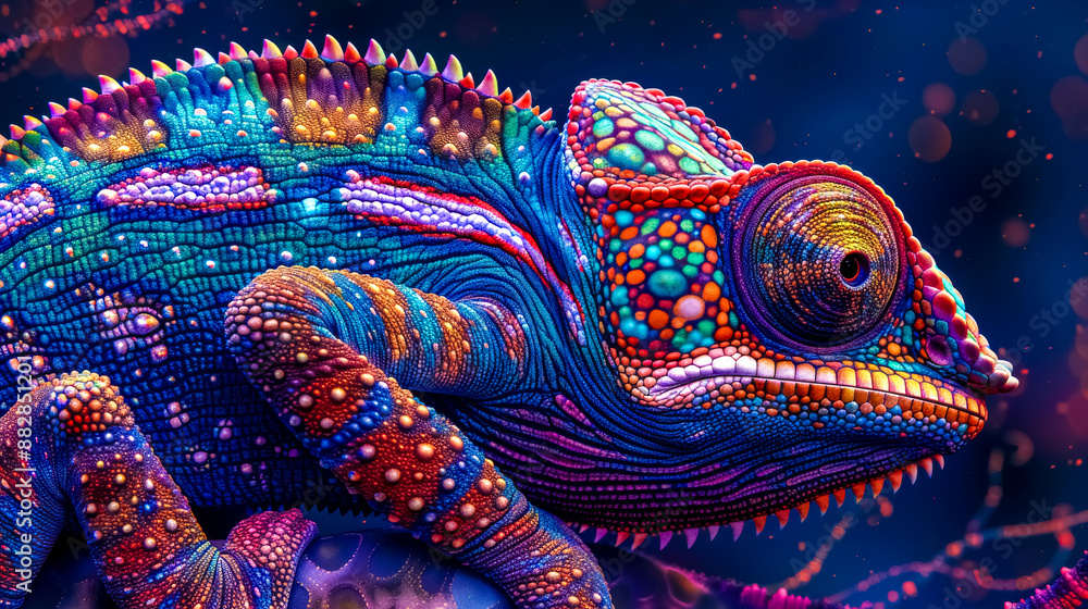 Colorful chameleon posing on a branch with scales lit up Colorful chameleon posing on a branch with scales lit up