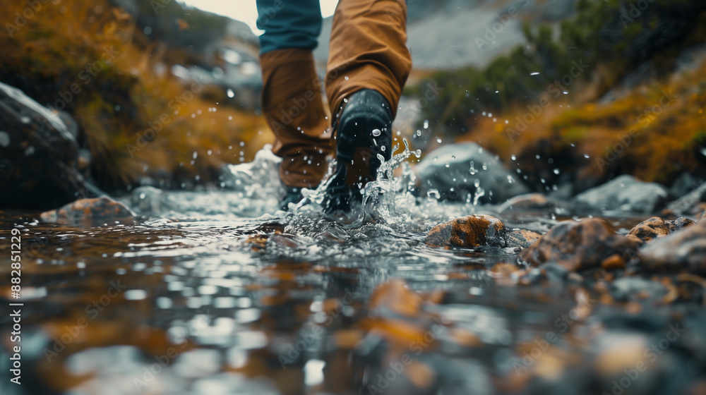 Close-Up View of Hiker's Foot in Mountain Stream, Solo Man Walking in River with Boots, Outdoor Adventure, Nature Trekking, Mountain Exploration Close-Up View of Hiker's Foot in Mountain Stream, Solo Man Walking in River with Boots, Outdoor Adventure, Nature Trekking, Mountain Exploration